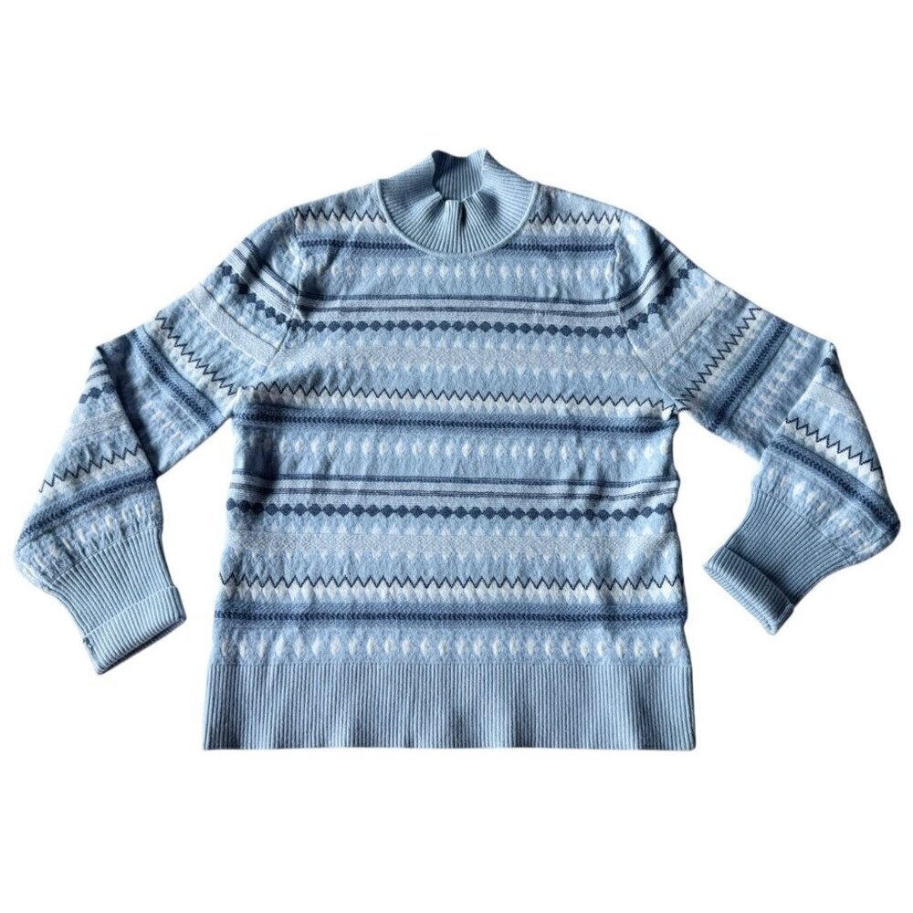 Aspen Woman's Sz L Blue White Fair Isle Mock Neck Sweater Ski Winter Outdoor - Picture 7 of 7